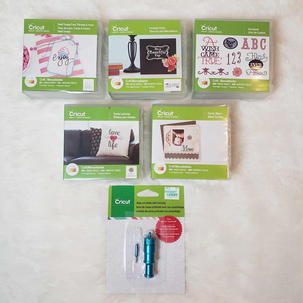6 Pc CRICUT Lot - 5 Design Font Image Cartridges + 1 Deep Cut Blade with Housing